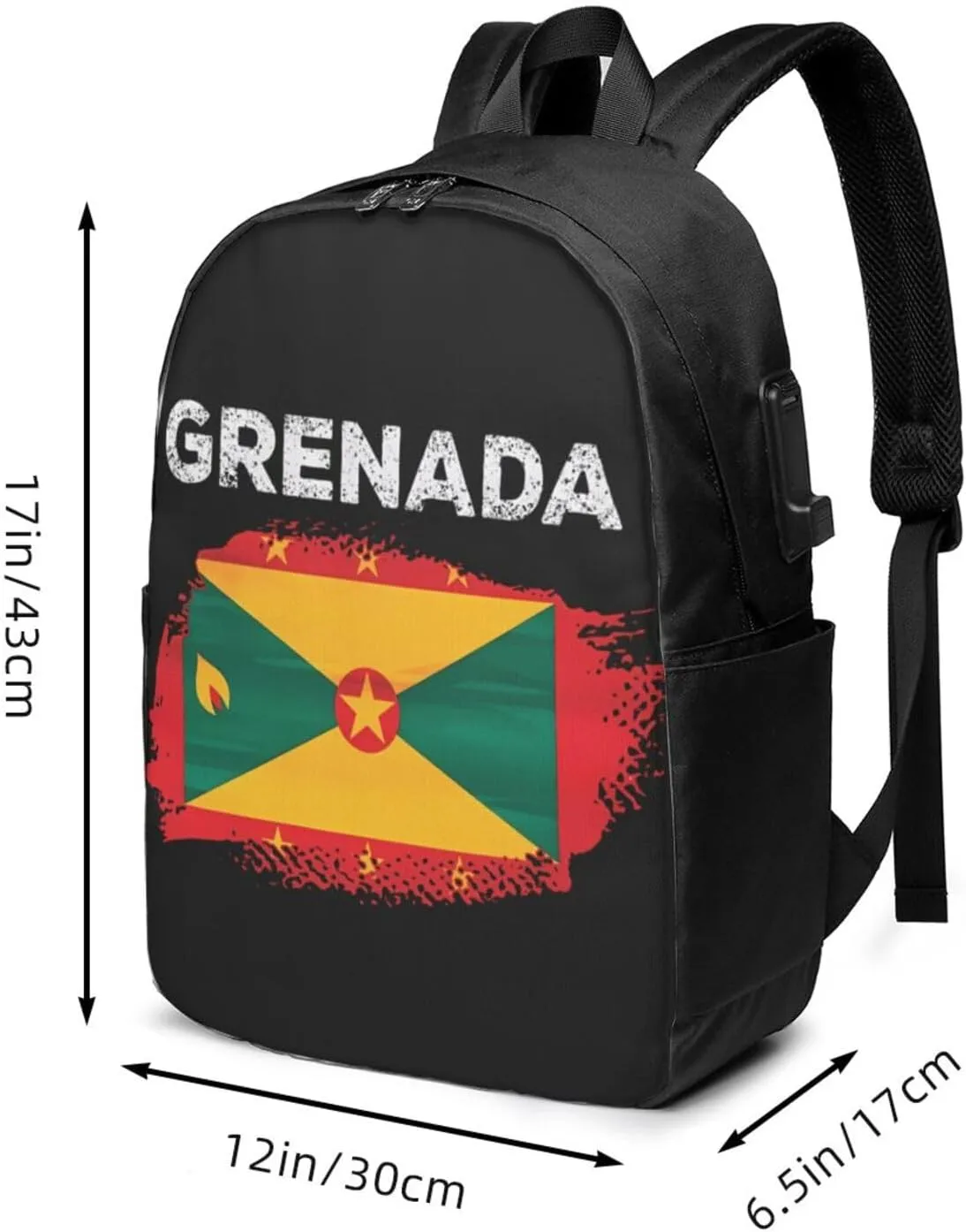 Grenada Flag Grenadian Proud Roots Travel Backpack 17-Inch Laptop Backpacks Business Rucksack Casual Sport Daypack with USB Charging Port Carry-on Bag for Camping Biking