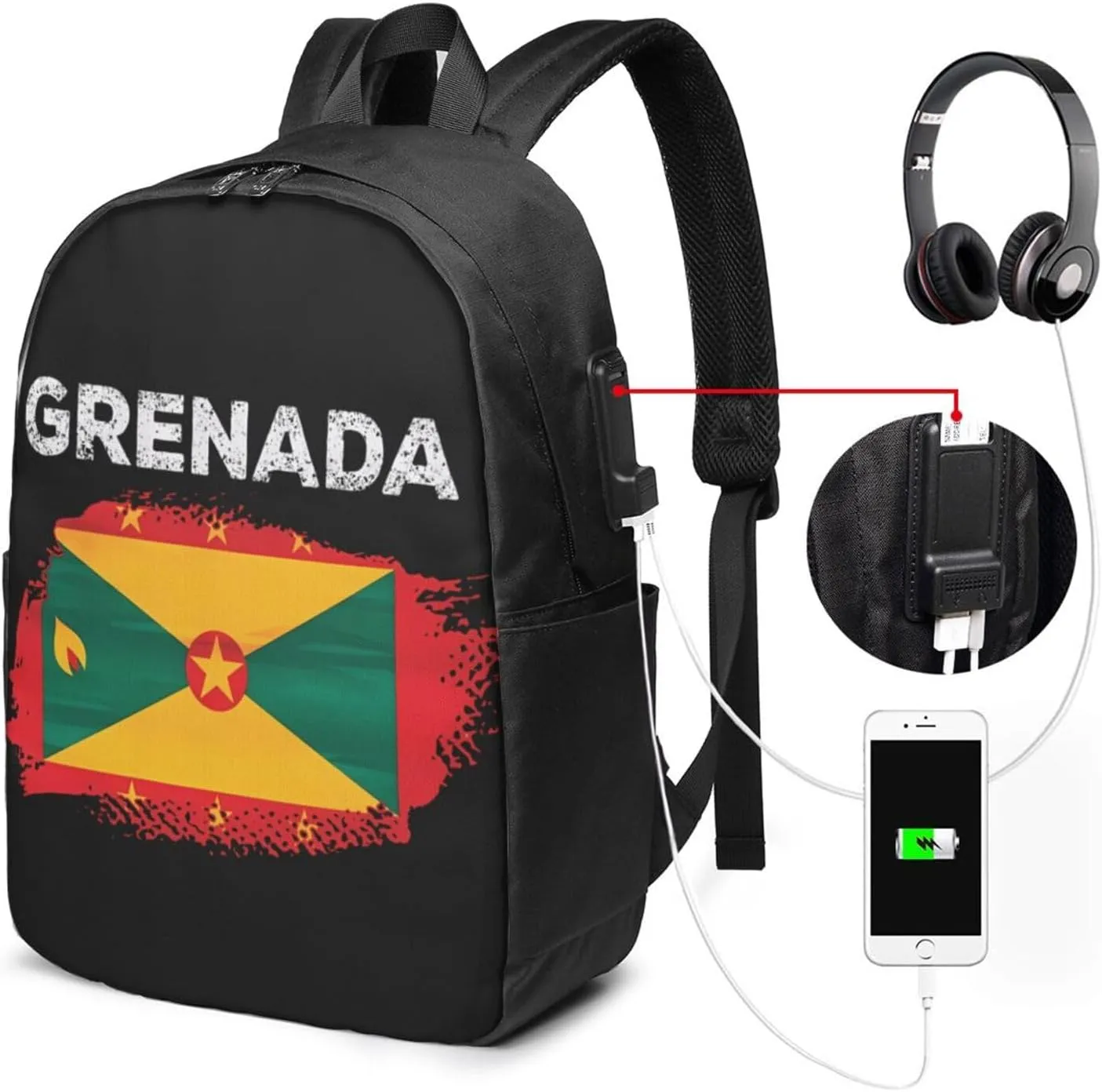 Grenada Flag Grenadian Proud Roots Travel Backpack 17-Inch Laptop Backpacks Business Rucksack Casual Sport Daypack with USB Charging Port Carry-on Bag for Camping Biking