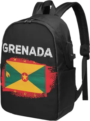 Grenada Flag Grenadian Proud Roots Travel Backpack 17-Inch Laptop Backpacks Business Rucksack Casual Sport Daypack with USB Charging Port Carry-on Bag for Camping Biking