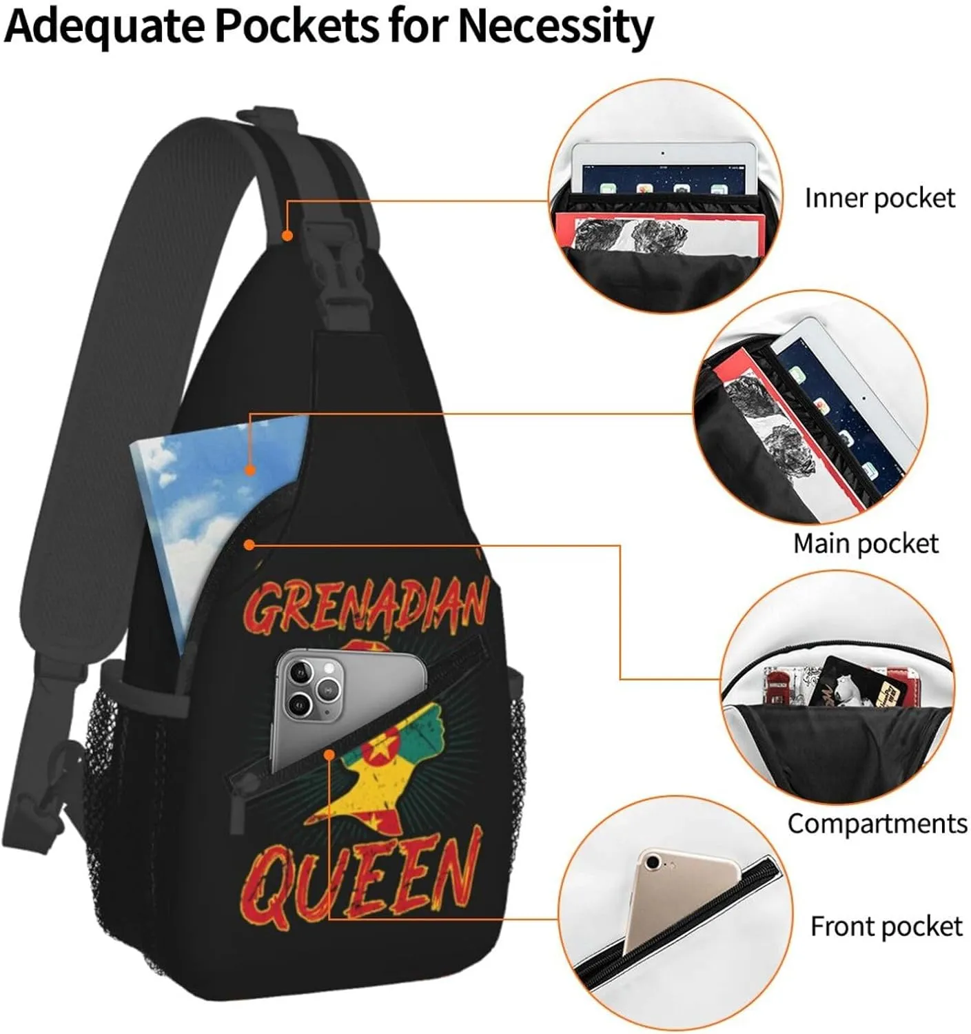 Grenadian Queen Grenada Culture Cultural Afro Pride Flag Crossbody Bag Cross Chest Bag Adjustable Sling Backpack Sports Gym Shoulder Bags Travel Cycling Daypack Diagonally Casual Rucksack