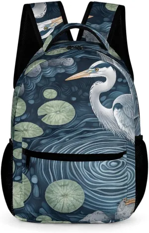 Grey Heron Lotus-Flower Pond Fashion Backpack Cute Daypack Unisex Laptop Bag for Travel Business Work