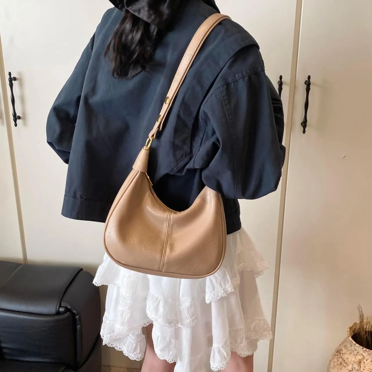 GRPKSSIB PU Leather Shoulder Bags Hobo Crossbody Bag Casual Tote Handbags Women's Crescent Purse with Adjustable Strap