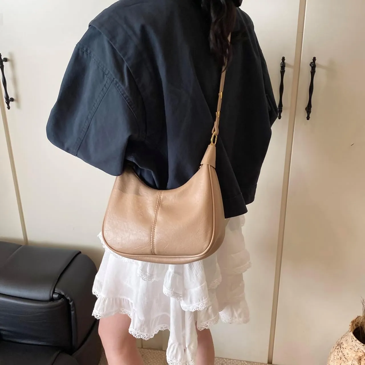 GRPKSSIB PU Leather Shoulder Bags Hobo Crossbody Bag Casual Tote Handbags Women's Crescent Purse with Adjustable Strap