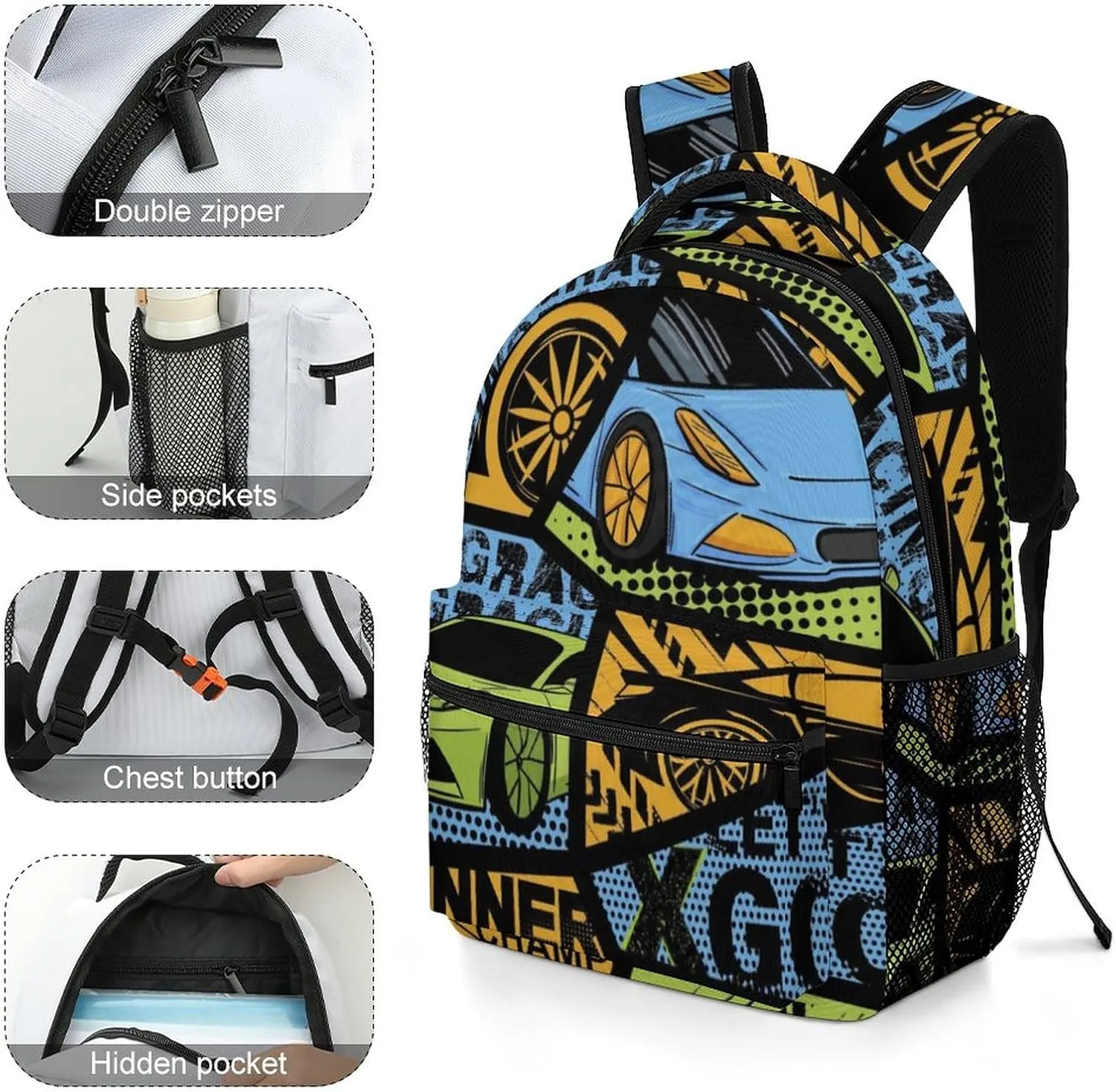 Grunge Speed Car Backpack Large computer Bags with Chest Strap,Lightweight Casual Daypack for Women Men Hiking Travel Work and Business 16 Inch