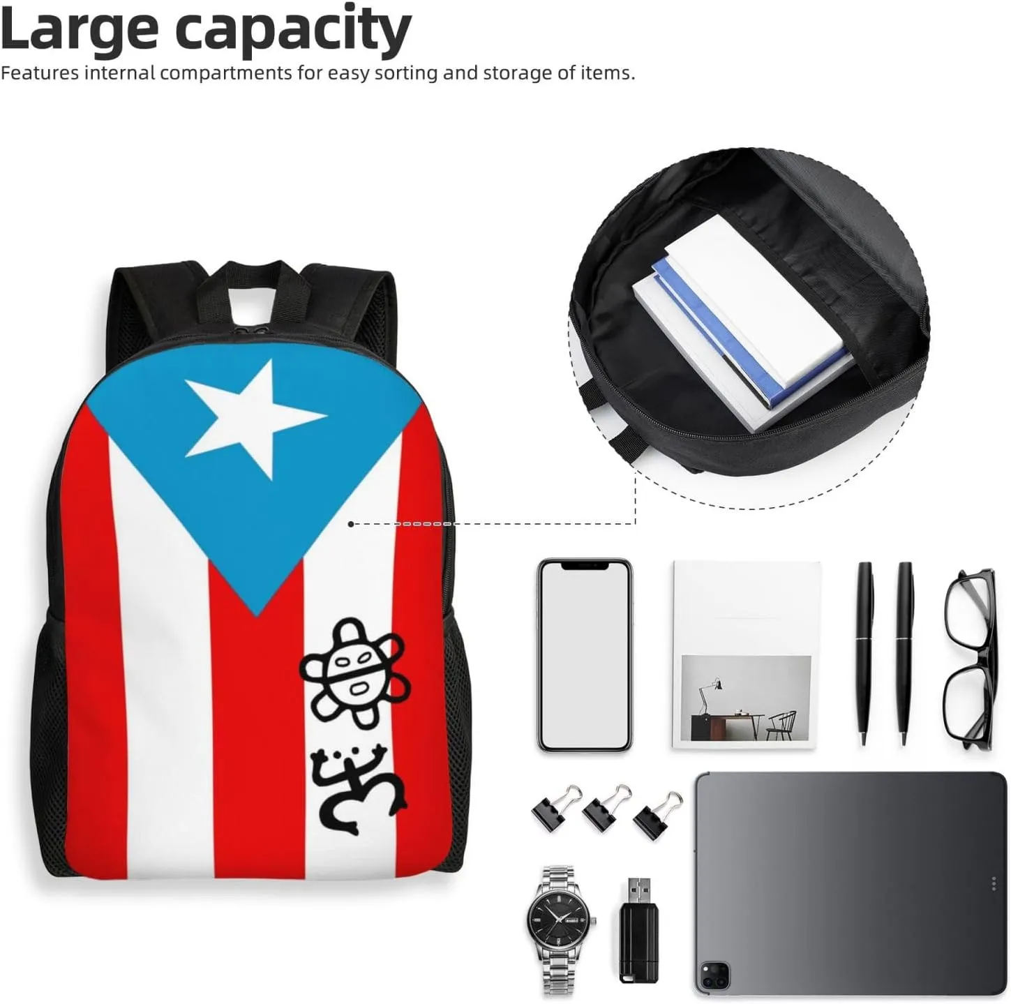 GTEVUTS Puerto Rico Classic Taino Backpack for Men Women - Puerto Rico Gifts-Patriotic Chic Laptop Black Shoulder Bag Travel Camping Work Outdoor Backpacks,15 Inch,Black