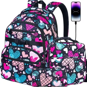 gxtvo 3PCS Girls Backpack, Water Resistant Womens School Bag With Lunch Box, 17 Inch Bookbag Set for College Teenagers.