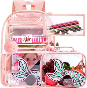 gxtvo Clear Backpack for Girls and Boys, Kids Transparent Bookbag, 3PCS Cute See Through School Bag for Elementary Prechool