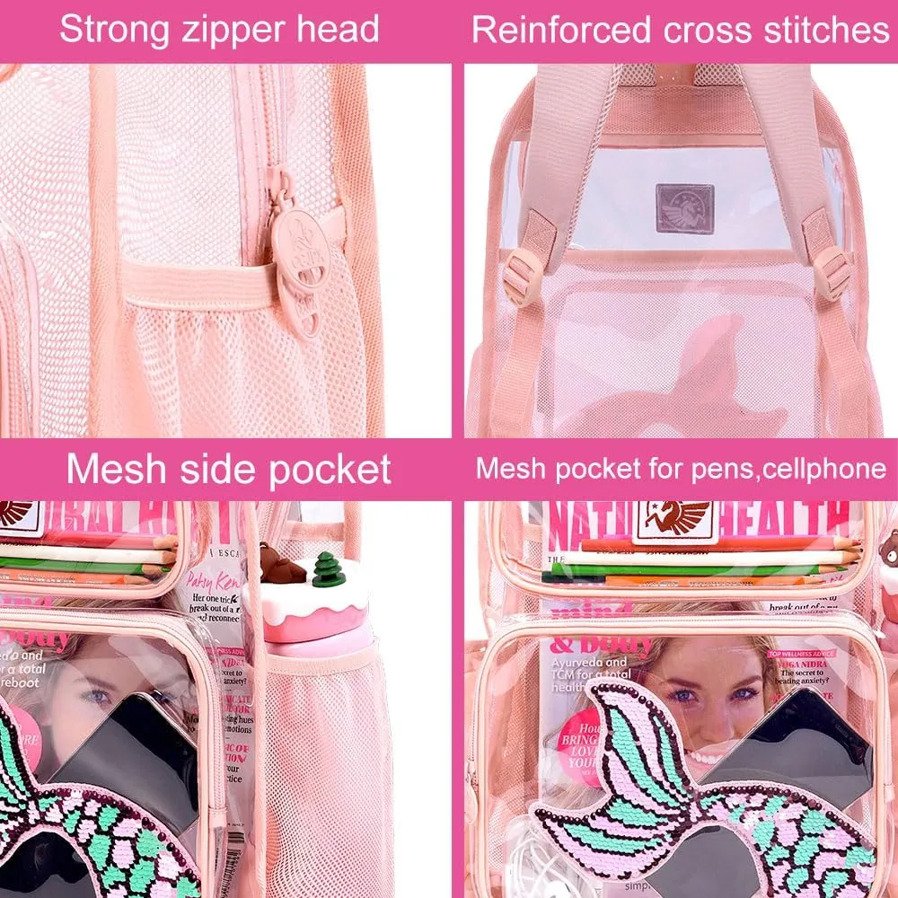 gxtvo Clear Backpack for Girls and Boys, Kids Transparent Bookbag, 3PCS Cute See Through School Bag for Elementary Prechool