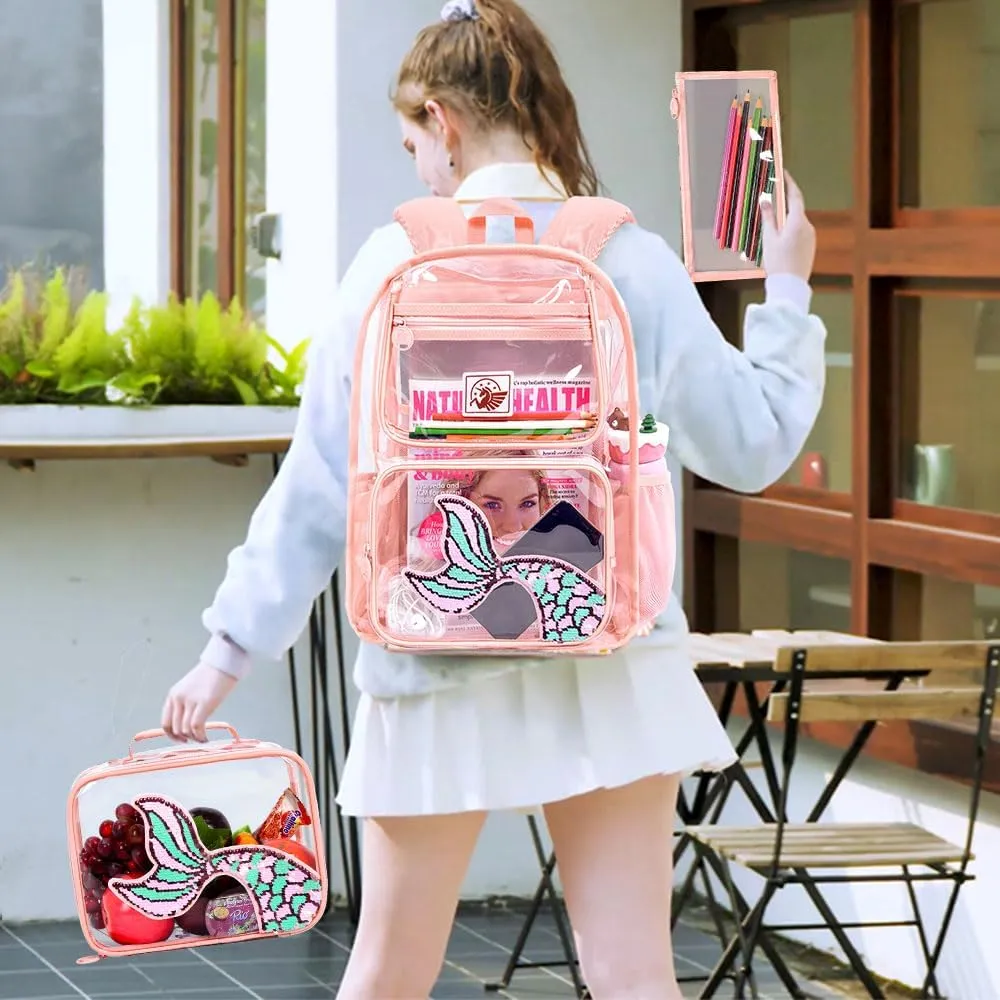 gxtvo Clear Backpack for Girls and Boys, Kids Transparent Bookbag, 3PCS Cute See Through School Bag for Elementary Prechool