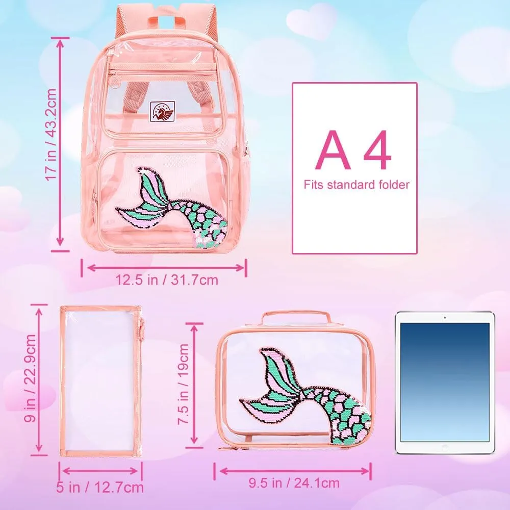 gxtvo Clear Backpack for Girls and Boys, Kids Transparent Bookbag, 3PCS Cute See Through School Bag for Elementary Prechool