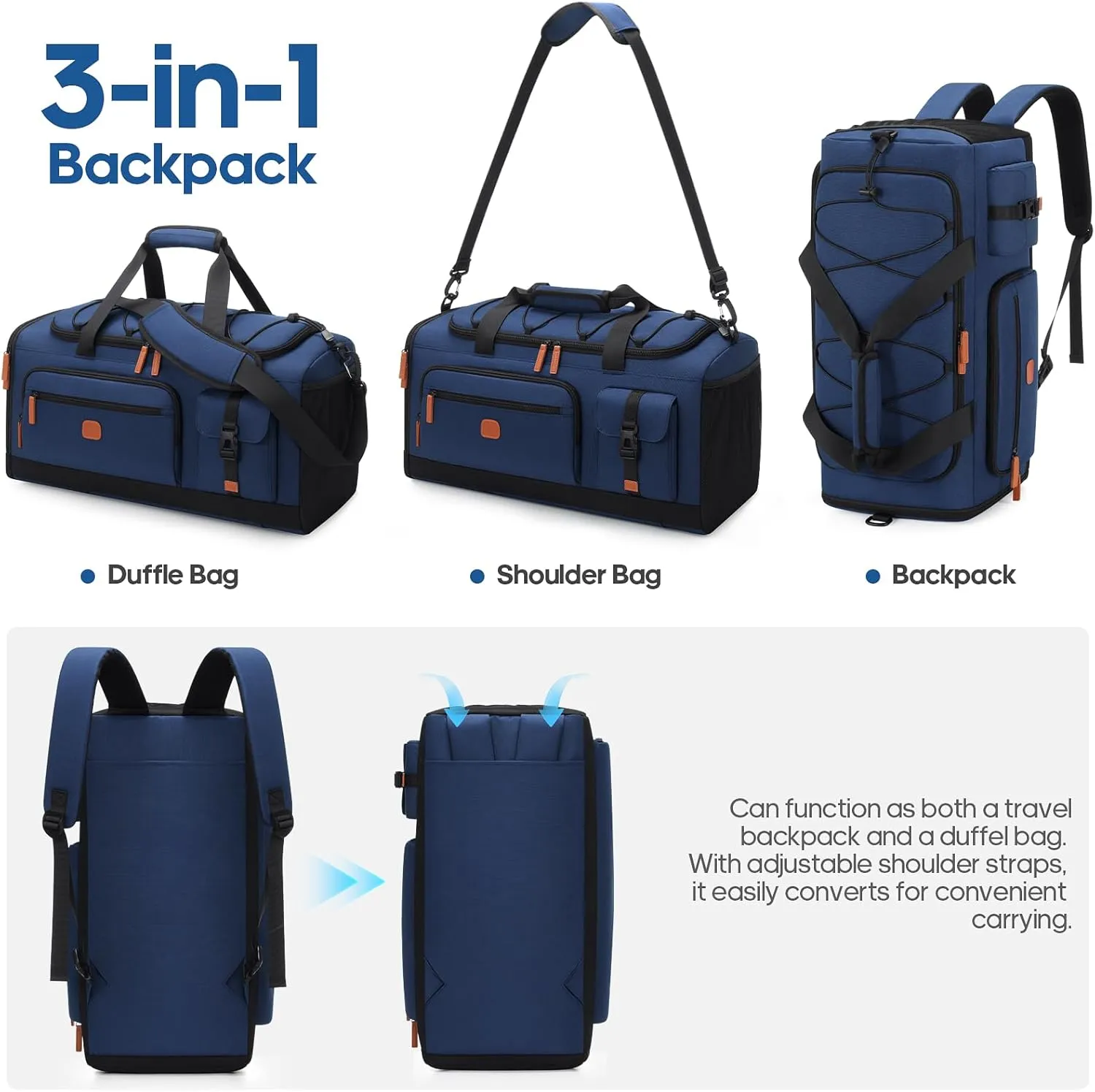 Gym Bag for Men and Women with Shoe & Laptop Compartment, 3-in-1 Sports Travel Duffel Bag Anti-Theft Weekender Carry-On Backpack for Airplane & Workout, Overnight Travel Bag,35L (Blue, Medium)