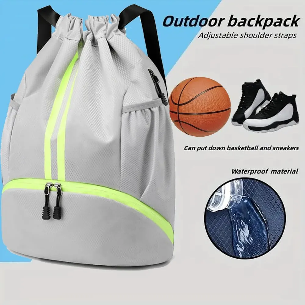 Gym Drawstring Backpack, Mens Women Workout Sport Basketball Bag with Dry Wet Separation Pocket and Shoes Compartment for Running Fitness Cycling Swimming Playing Camping(Gray)