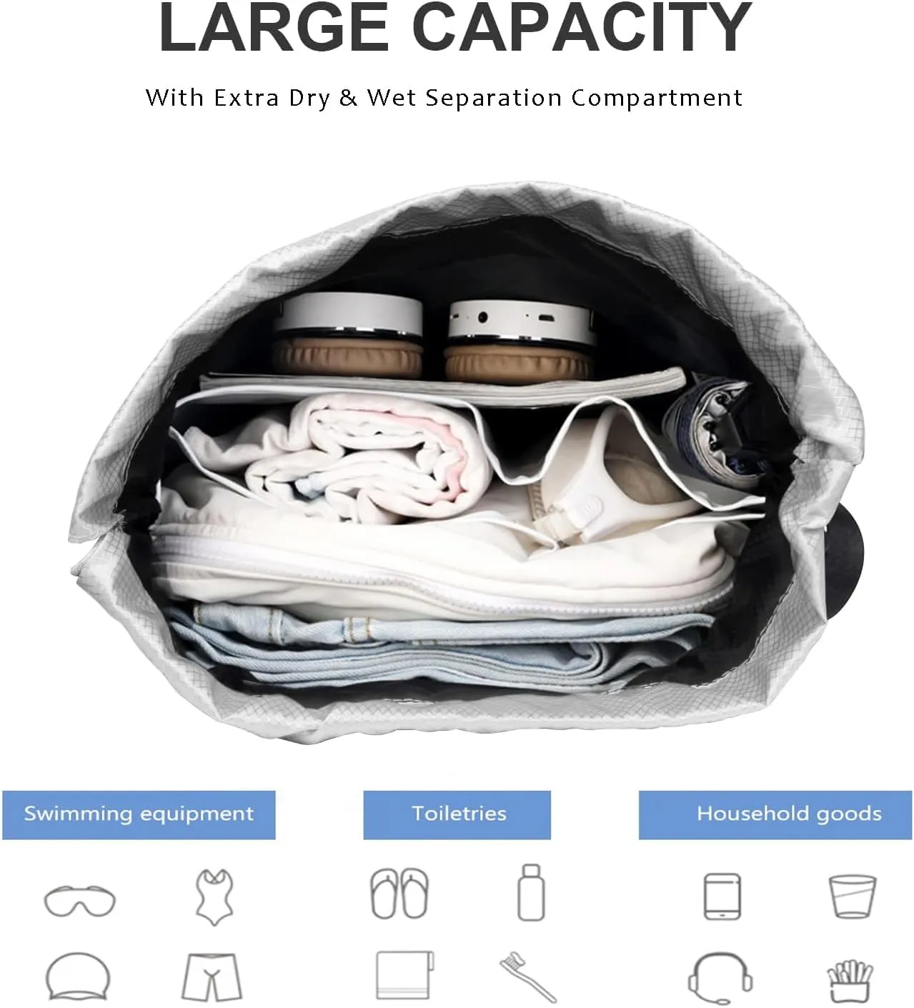 Gym Drawstring Backpack, Mens Women Workout Sport Basketball Bag with Dry Wet Separation Pocket and Shoes Compartment for Running Fitness Cycling Swimming Playing Camping(Gray)