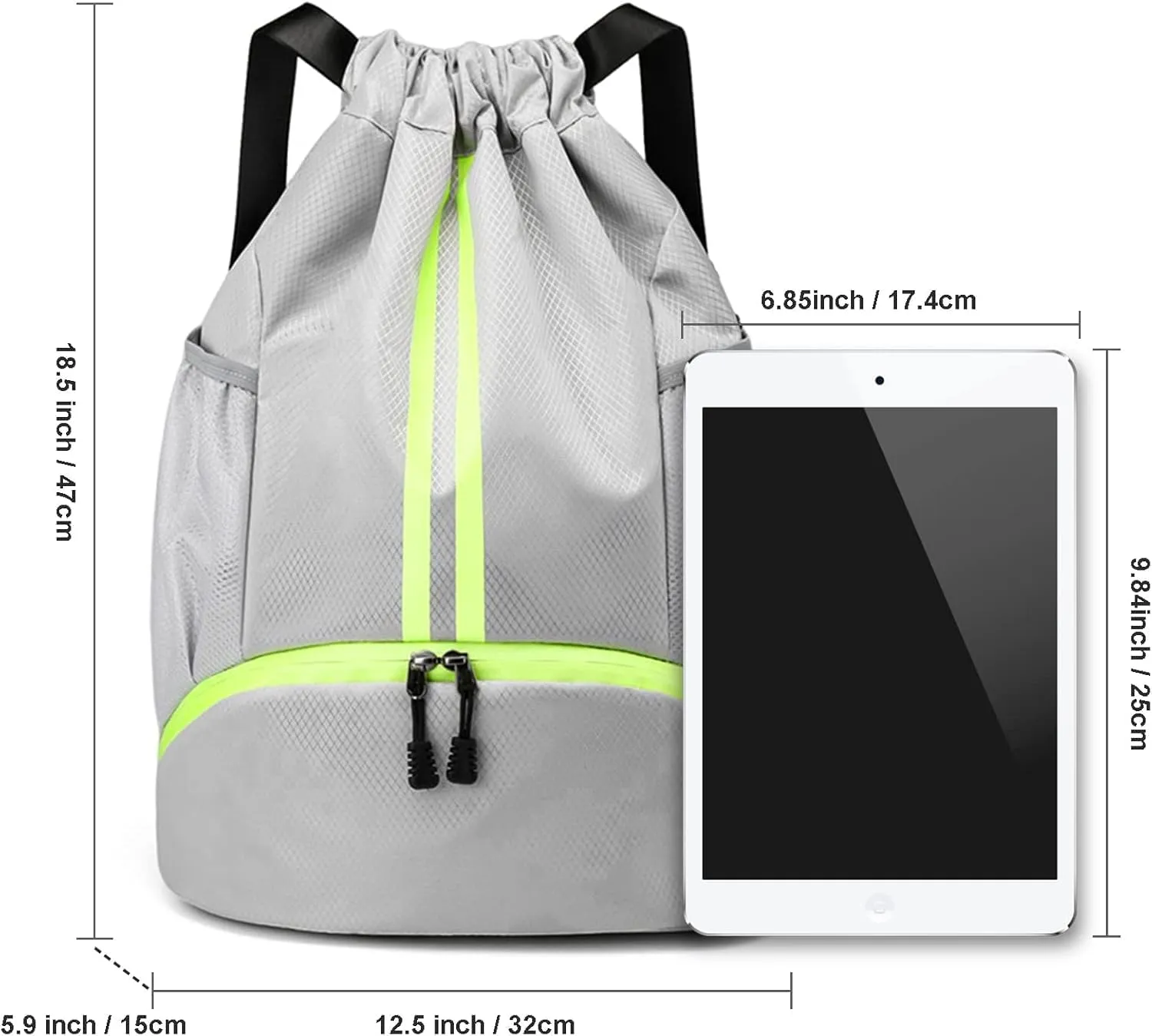 Gym Drawstring Backpack, Mens Women Workout Sport Basketball Bag with Dry Wet Separation Pocket and Shoes Compartment for Running Fitness Cycling Swimming Playing Camping(Gray)