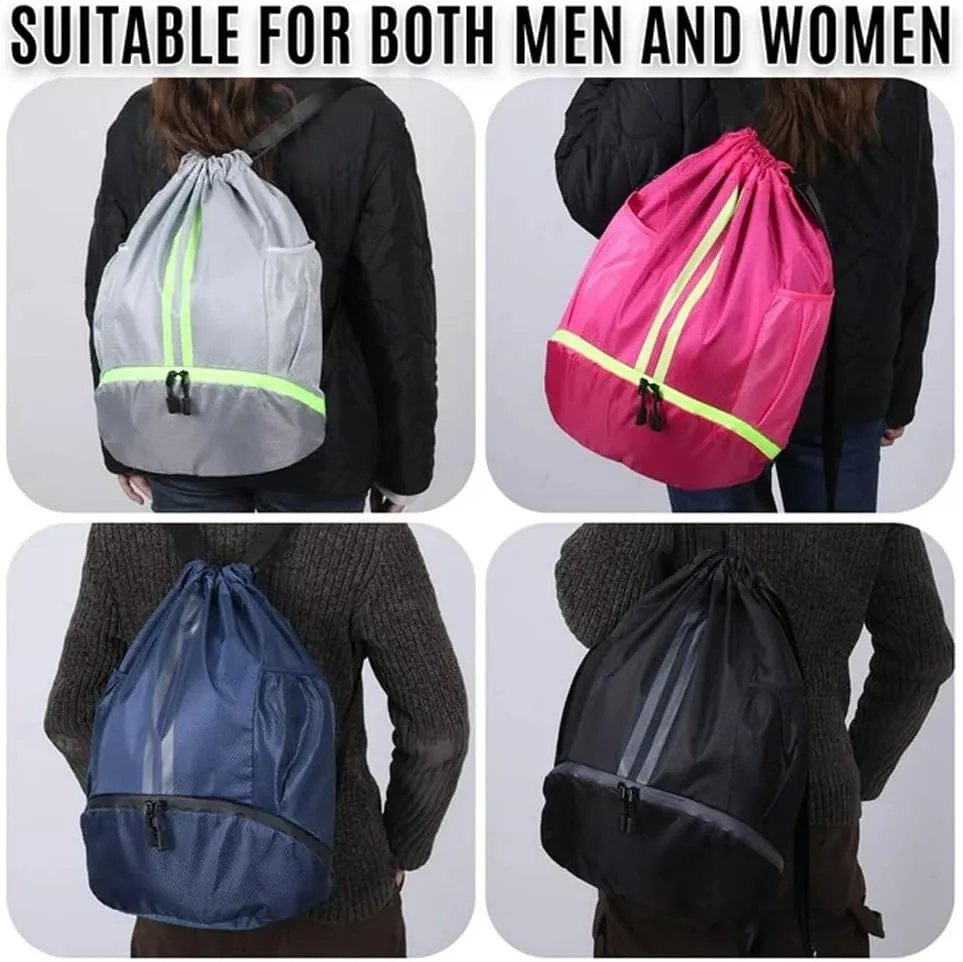 Gym Drawstring Backpack, Mens Women Workout Sport Basketball Bag with Dry Wet Separation Pocket and Shoes Compartment for Running Fitness Cycling Swimming Playing Camping(Gray)