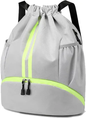 Gym Drawstring Backpack, Mens Women Workout Sport Basketball Bag with Dry Wet Separation Pocket and Shoes Compartment for Running Fitness Cycling Swimming Playing Camping(Gray)