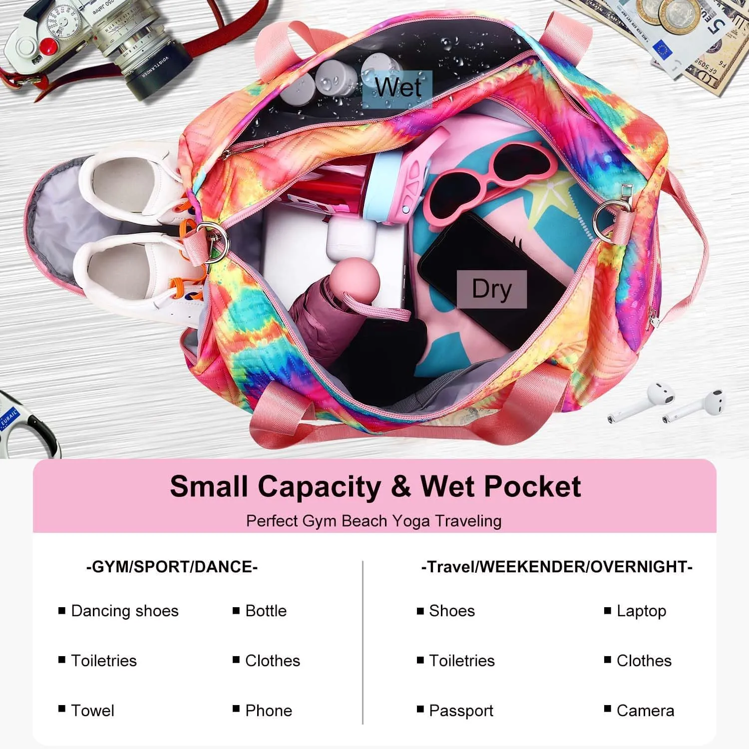 Gym Travel Duffle Bag for Girls - Gymnastics Sports Dance Bag with Shoe Compartment & Wet Pocket Panda Kids Travel Bag Teens Weekender Sleepover Carry On Bag