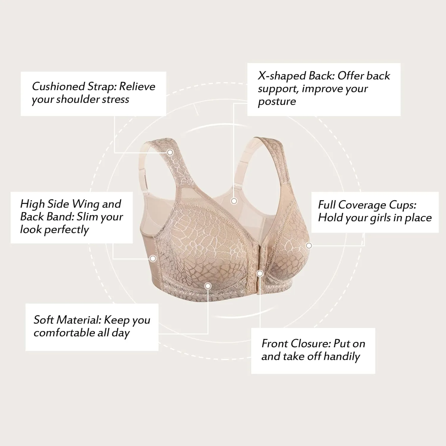HACI Front Closure Posture Bra Back Support Unpadded Wireless Support Everyday