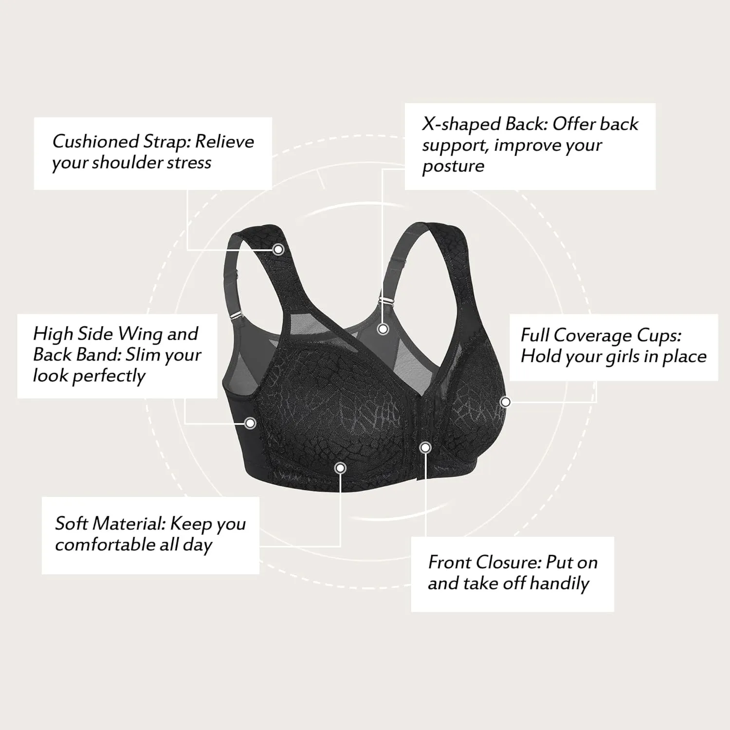 HACI Front Closure Posture Bra Back Support Unpadded Wireless Support Everyday