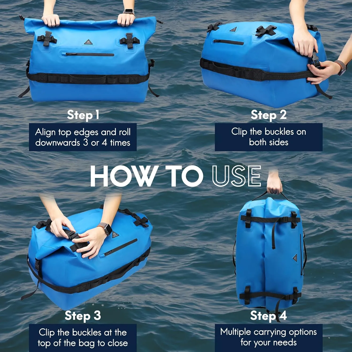Haimont Large Waterproof Duffel Backpack Roll-Top Heavy Duty Dry Duffle Bag for Boating, Travel, Motorcycle, Kayaking, Camping, 60L
