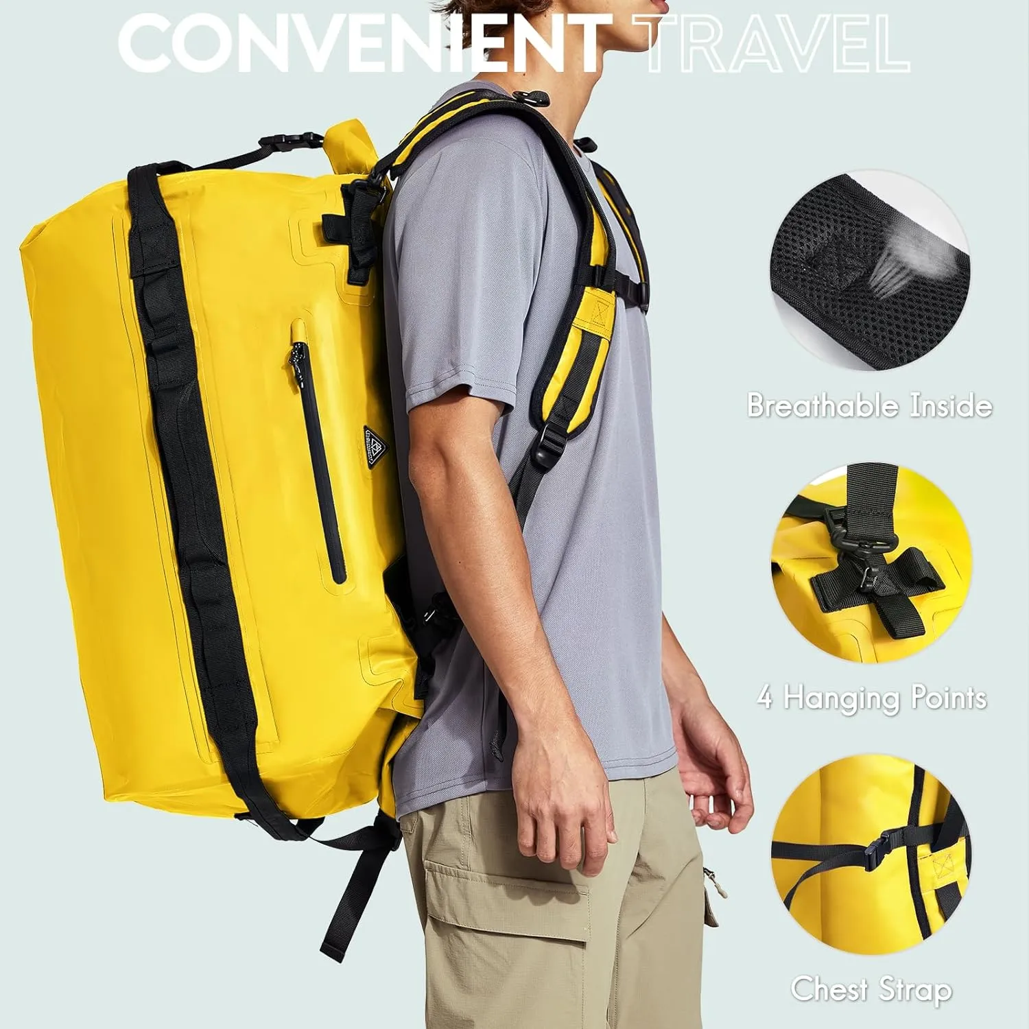 Haimont Large Waterproof Duffel Backpack Roll-Top Heavy Duty Dry Duffle Bag for Boating, Travel, Motorcycle, Kayaking, Camping, 60L