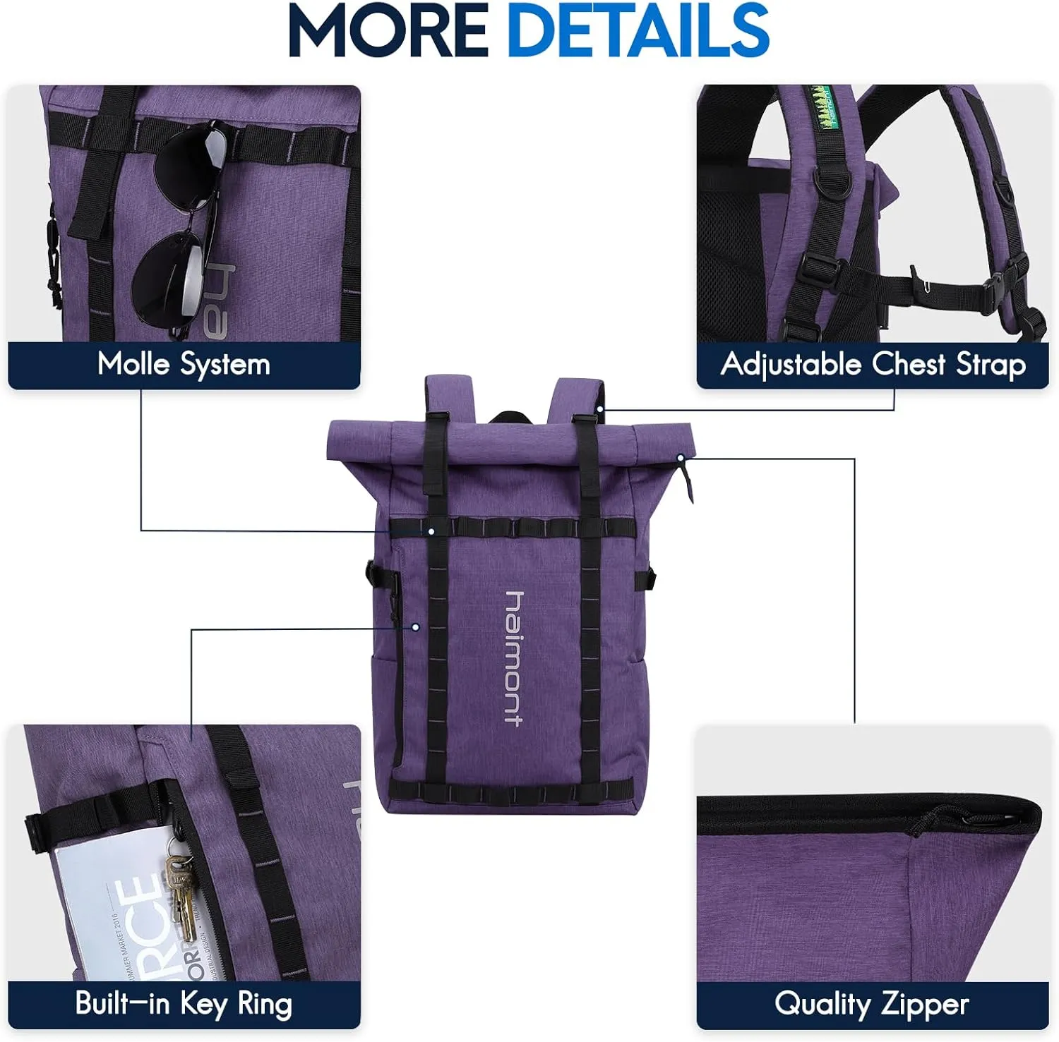 Haimont Roll-Top Bag 20l Travel Laptop Backpack, Durable & Water-Resistant Carry on Backpack for Women, Purple