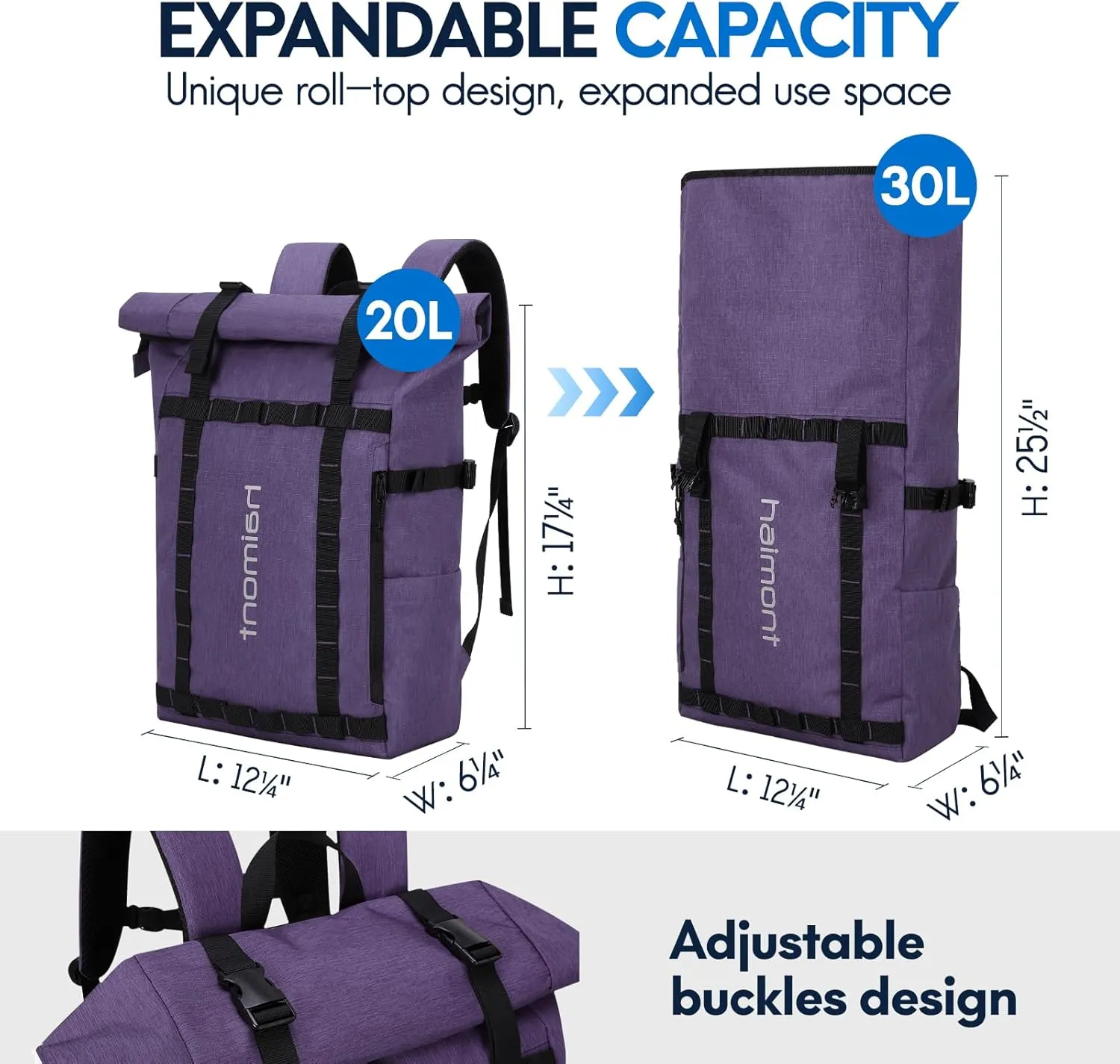 Haimont Roll-Top Bag 20l Travel Laptop Backpack, Durable & Water-Resistant Carry on Backpack for Women, Purple