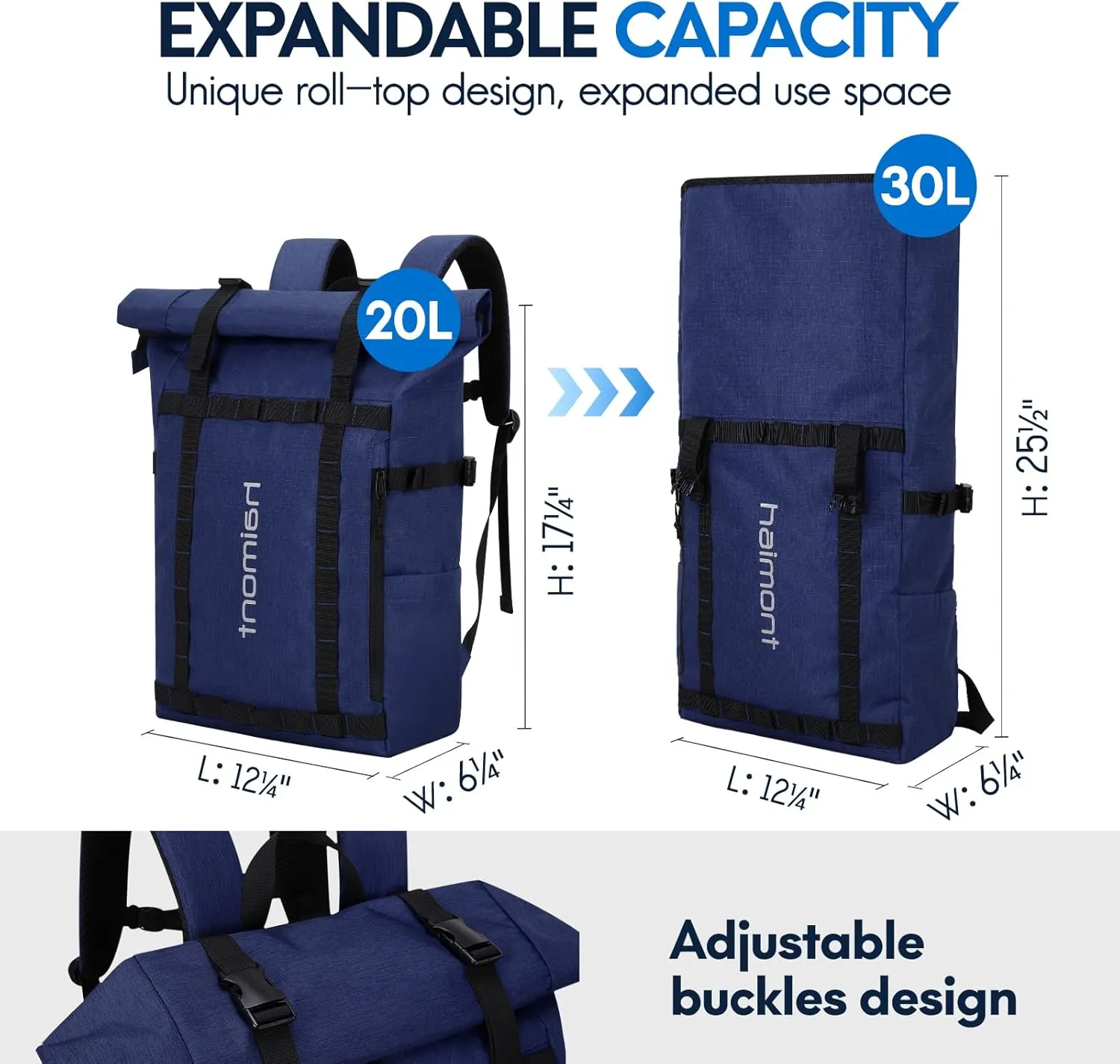 Haimont Roll Top Laptop Backpack Water Resistant Travel Casual Daypack Backpack for Outdoors Camping, Hiking, Unisex, 20L, Navy Blue