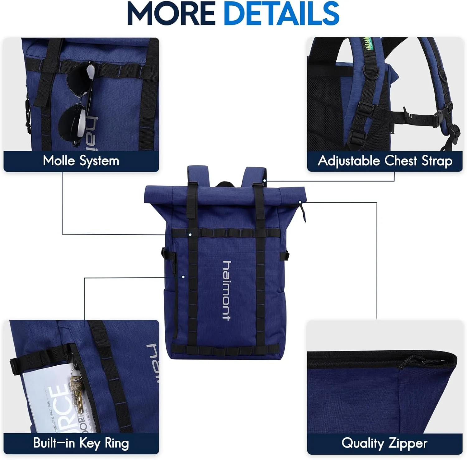 Haimont Roll Top Laptop Backpack Water Resistant Travel Casual Daypack Backpack for Outdoors Camping, Hiking, Unisex, 20L, Navy Blue