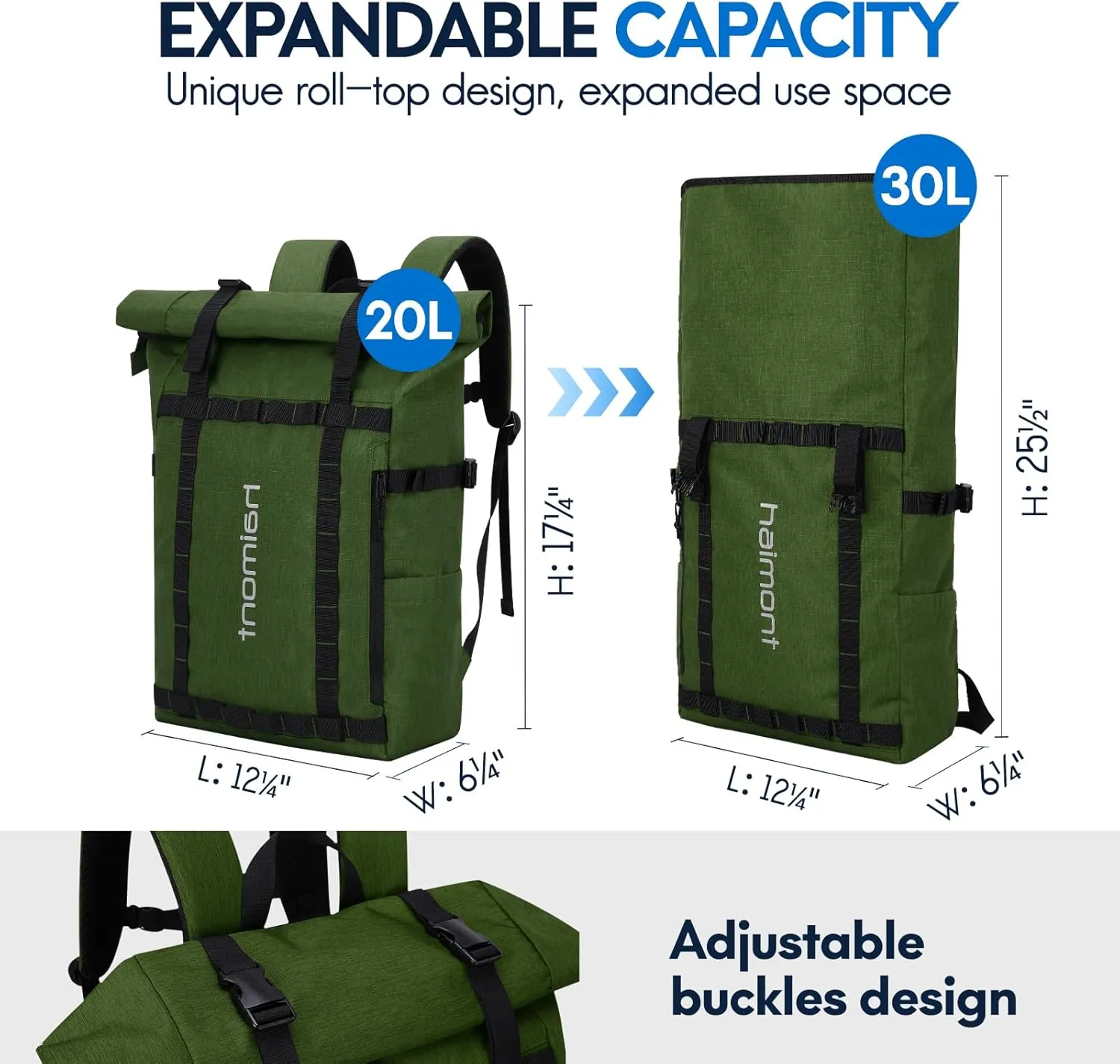 Haimont Rolltop Backpack Commuter Carry on Backpack for Women Men Water-Resistant Daypack with Multiple Pockets, 20L, Army Green