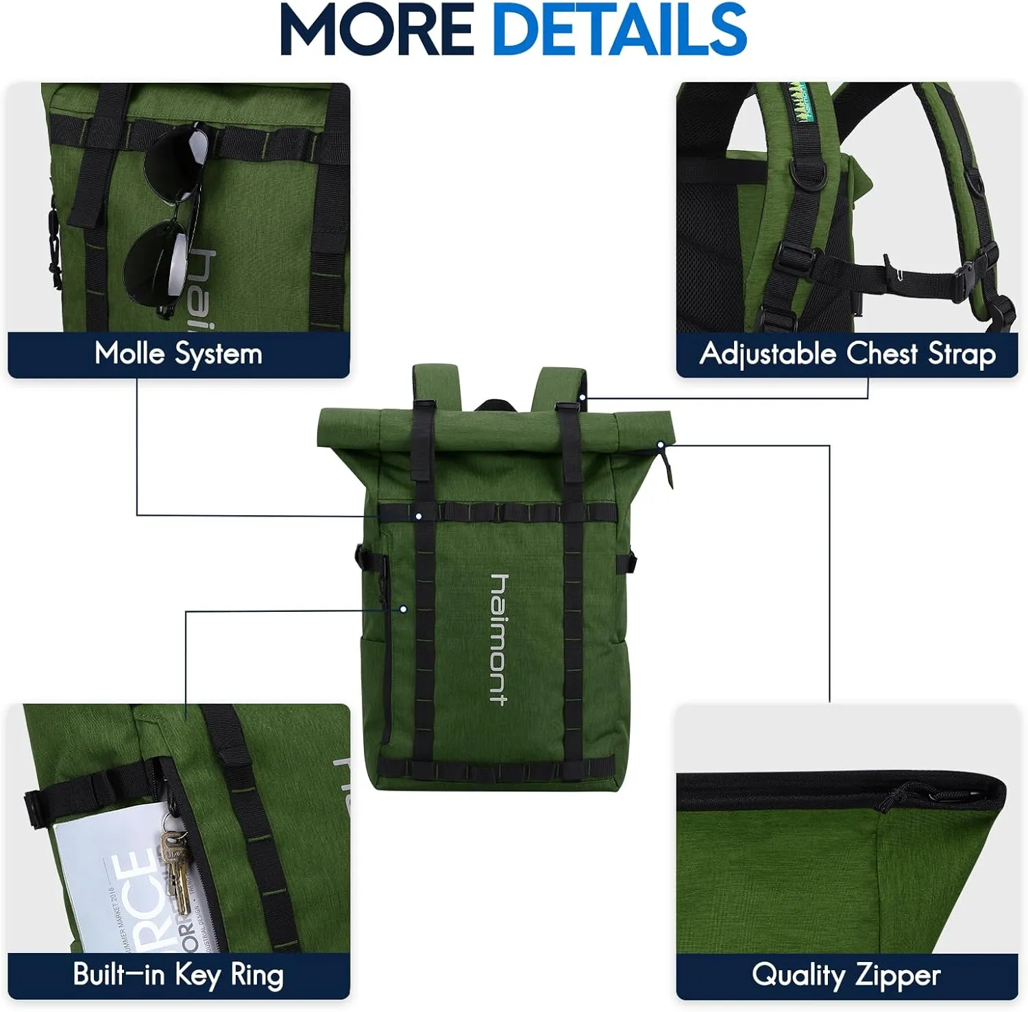 Haimont Rolltop Backpack Commuter Carry on Backpack for Women Men Water-Resistant Daypack with Multiple Pockets, 20L, Army Green