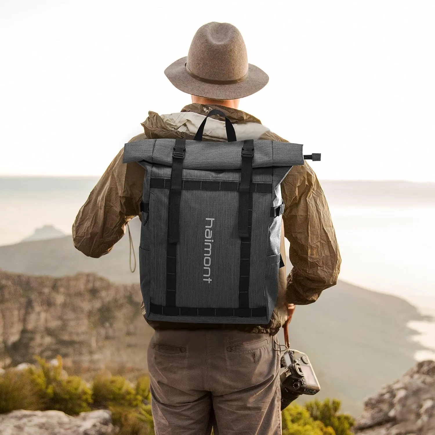 Haimont Rolltop Backpack for Men Women Water-Resistant Carry on Travel Backpack Casual Daypack with Laptop Compartment for Work Trip Hiking, 20L, Dark Gray