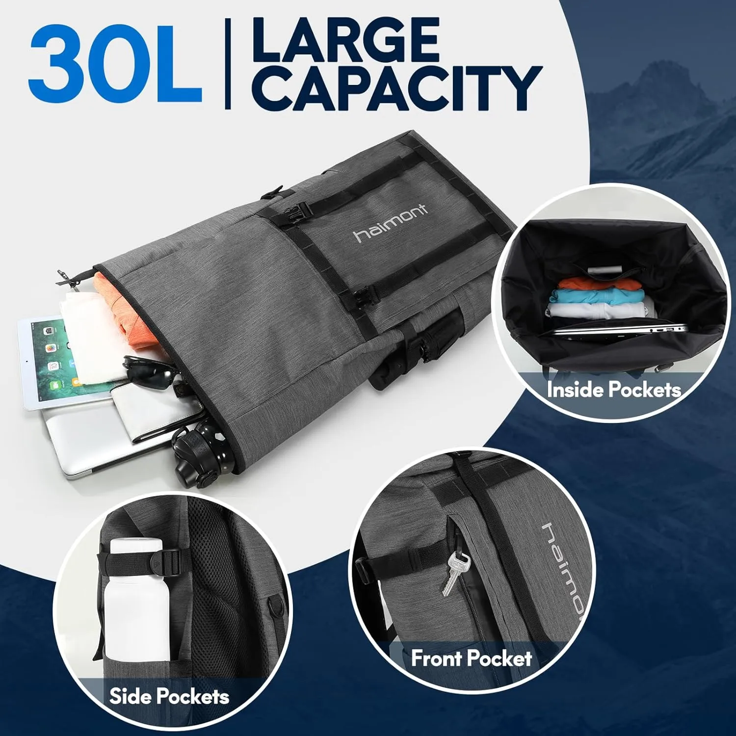 Haimont Rolltop Backpack for Men Women Water-Resistant Carry on Travel Backpack Casual Daypack with Laptop Compartment for Work Trip Hiking, 20L, Dark Gray