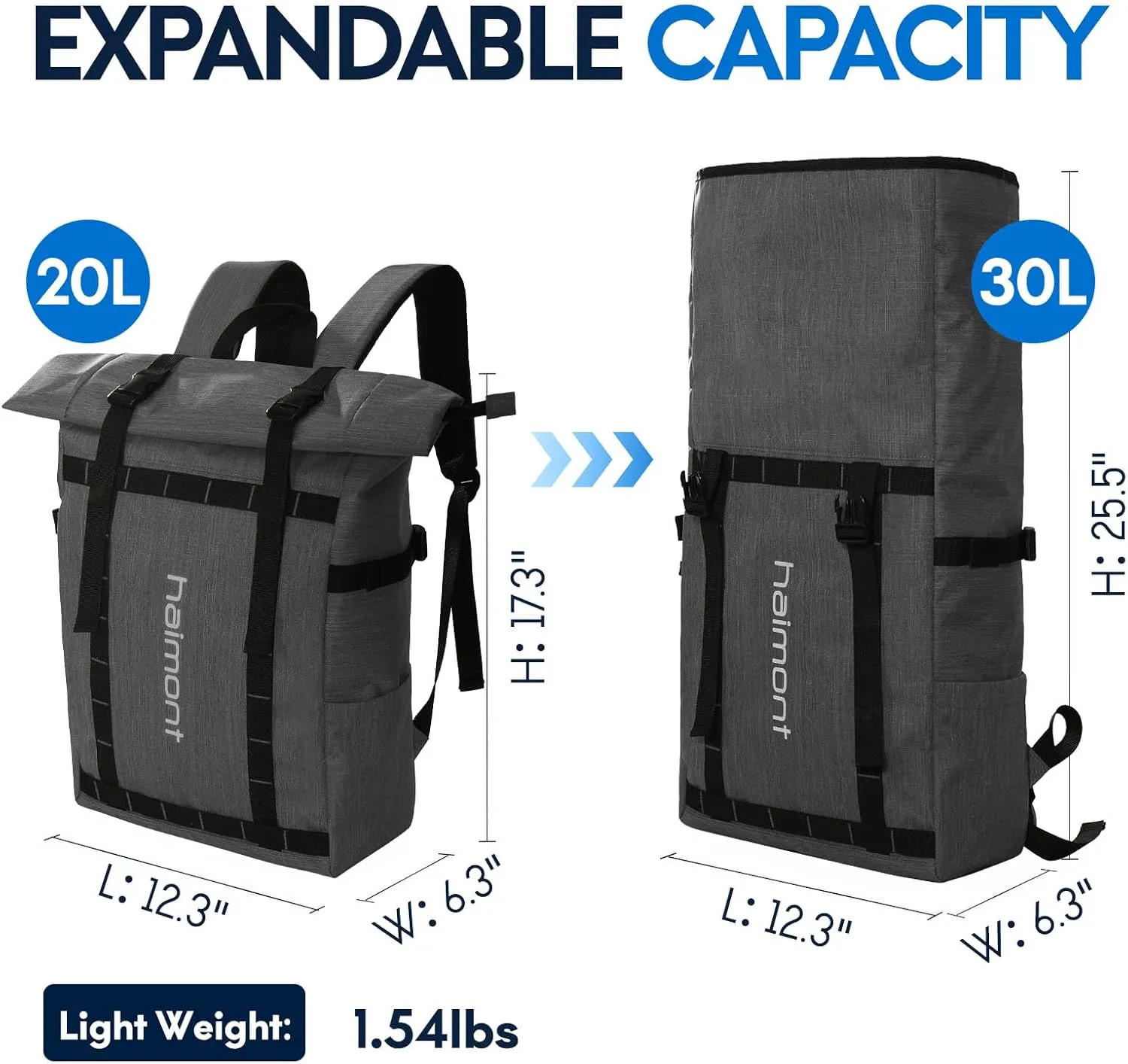 Haimont Rolltop Backpack for Men Women Water-Resistant Carry on Travel Backpack Casual Daypack with Laptop Compartment for Work Trip Hiking, 20L, Dark Gray