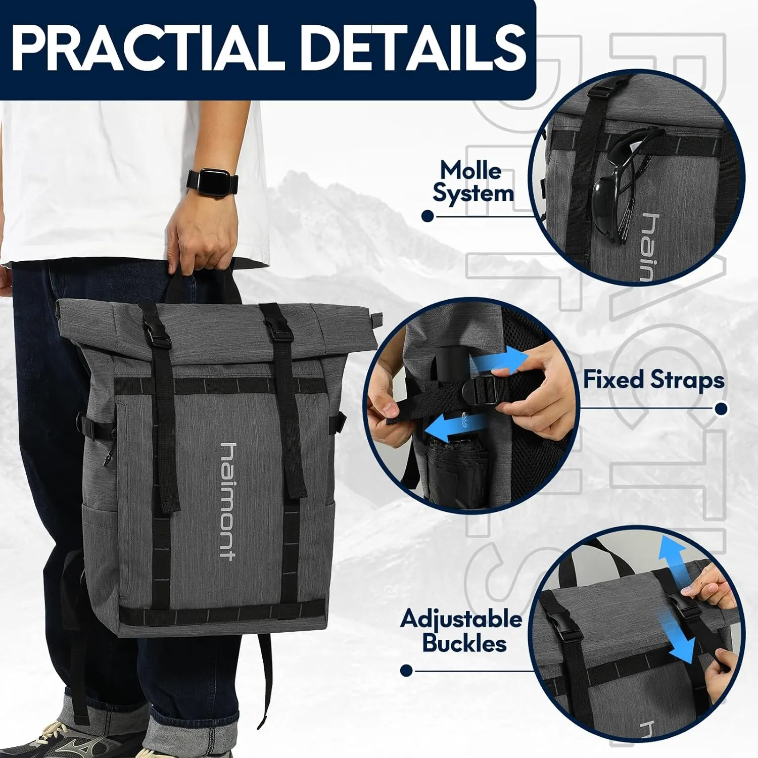Haimont Rolltop Backpack for Men Women Water-Resistant Carry on Travel Backpack Casual Daypack with Laptop Compartment for Work Trip Hiking, 20L, Dark Gray