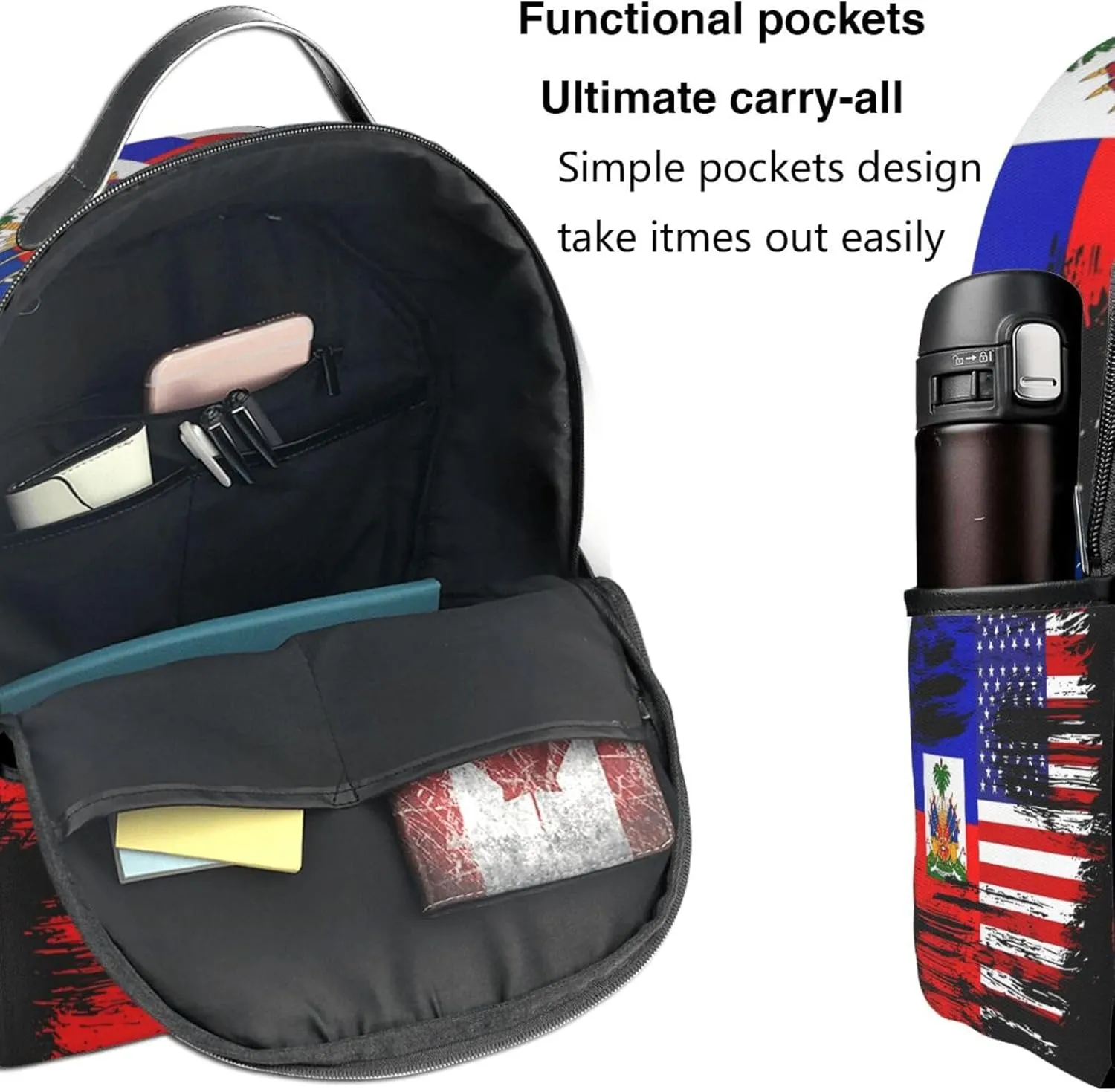 Haiti Haitian American Flag Casual Backpacks Laptop Backpack Carry-on Daypack Sports Travel Rucksack Lightweight Working Bag for Outdoor Hiking Cycling Walking