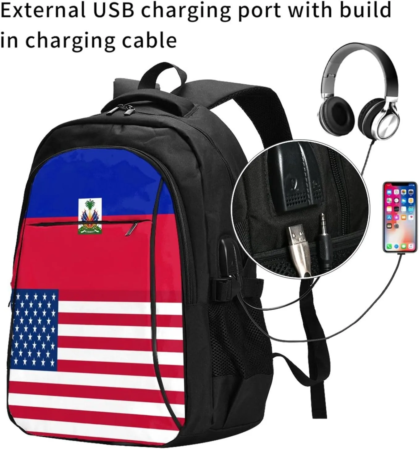 Haiti Haitian American Flag Travel Backpacks Casual Backpack Large Capacity Laptop Rucksack Luggage Daypacks with USB Charging Port Multi-Pockets Bags for Hiking