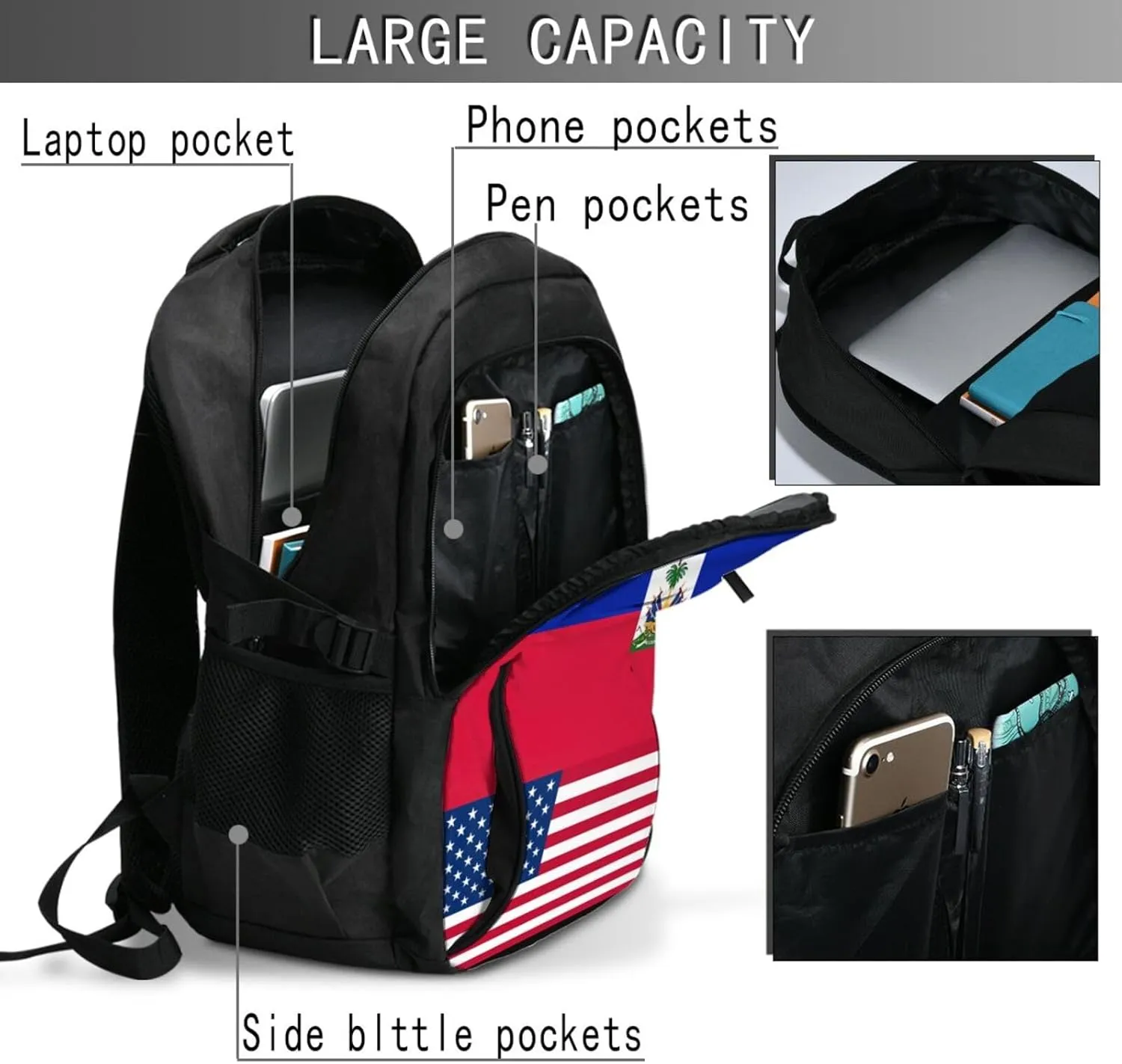 Haiti Haitian American Flag Travel Backpacks Casual Backpack Large Capacity Laptop Rucksack Luggage Daypacks with USB Charging Port Multi-Pockets Bags for Hiking