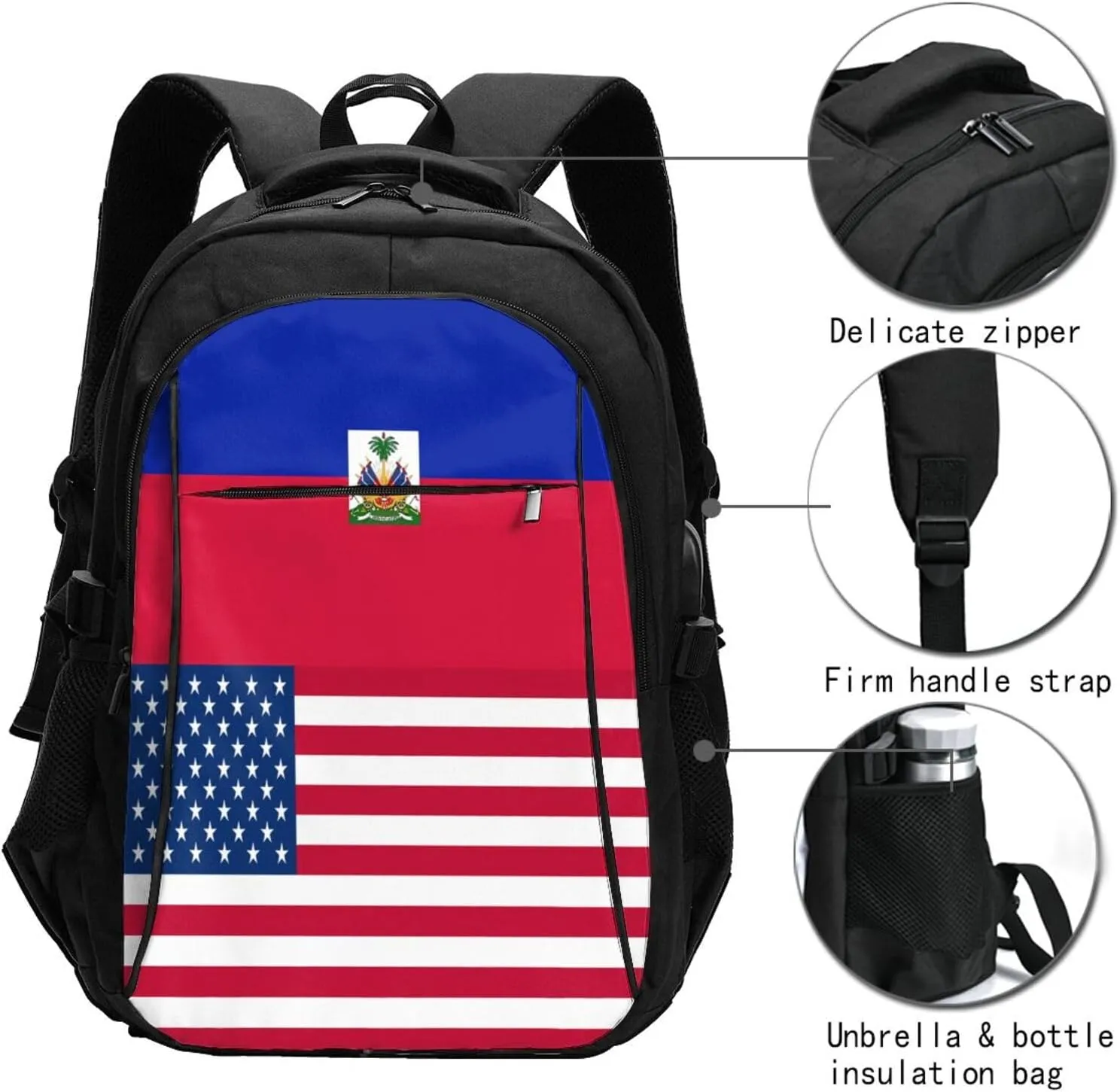 Haiti Haitian American Flag Travel Backpacks Casual Backpack Large Capacity Laptop Rucksack Luggage Daypacks with USB Charging Port Multi-Pockets Bags for Hiking