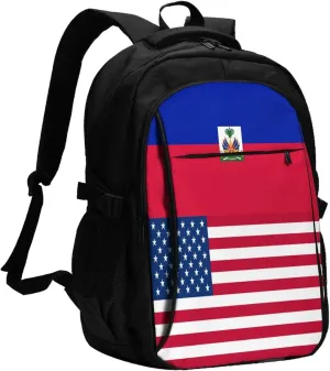 Haiti Haitian American Flag Travel Backpacks Casual Backpack Large Capacity Laptop Rucksack Luggage Daypacks with USB Charging Port Multi-Pockets Bags for Hiking