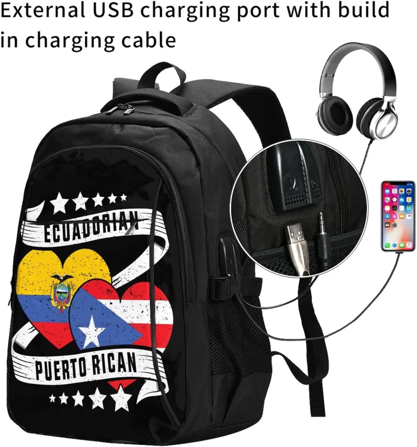 Half Ecuadorian Half Puerto Rican Travel Backpacks Casual Backpack Large Capacity Laptop Rucksack Luggage Daypacks with USB Charging Port Multi-Pockets Bags for Hiking