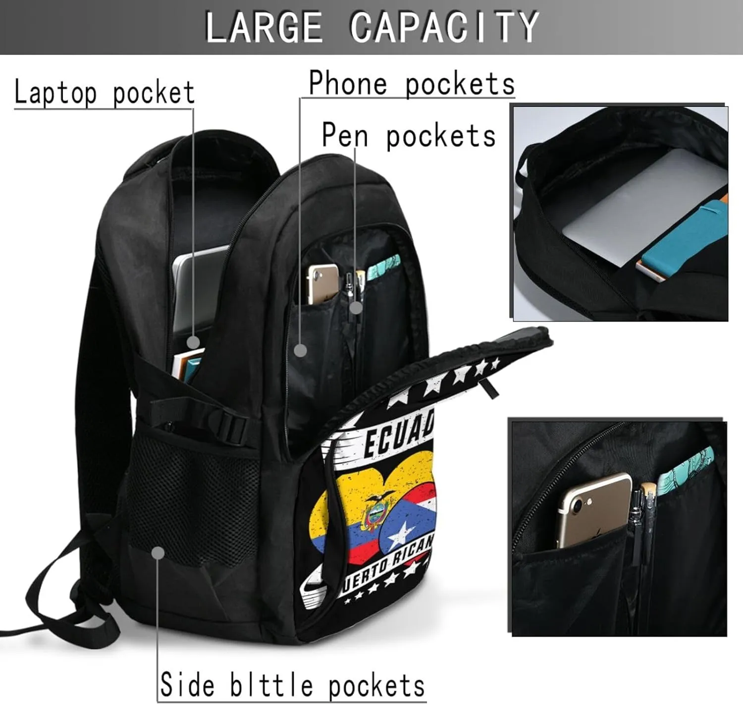 Half Ecuadorian Half Puerto Rican Travel Backpacks Casual Backpack Large Capacity Laptop Rucksack Luggage Daypacks with USB Charging Port Multi-Pockets Bags for Hiking