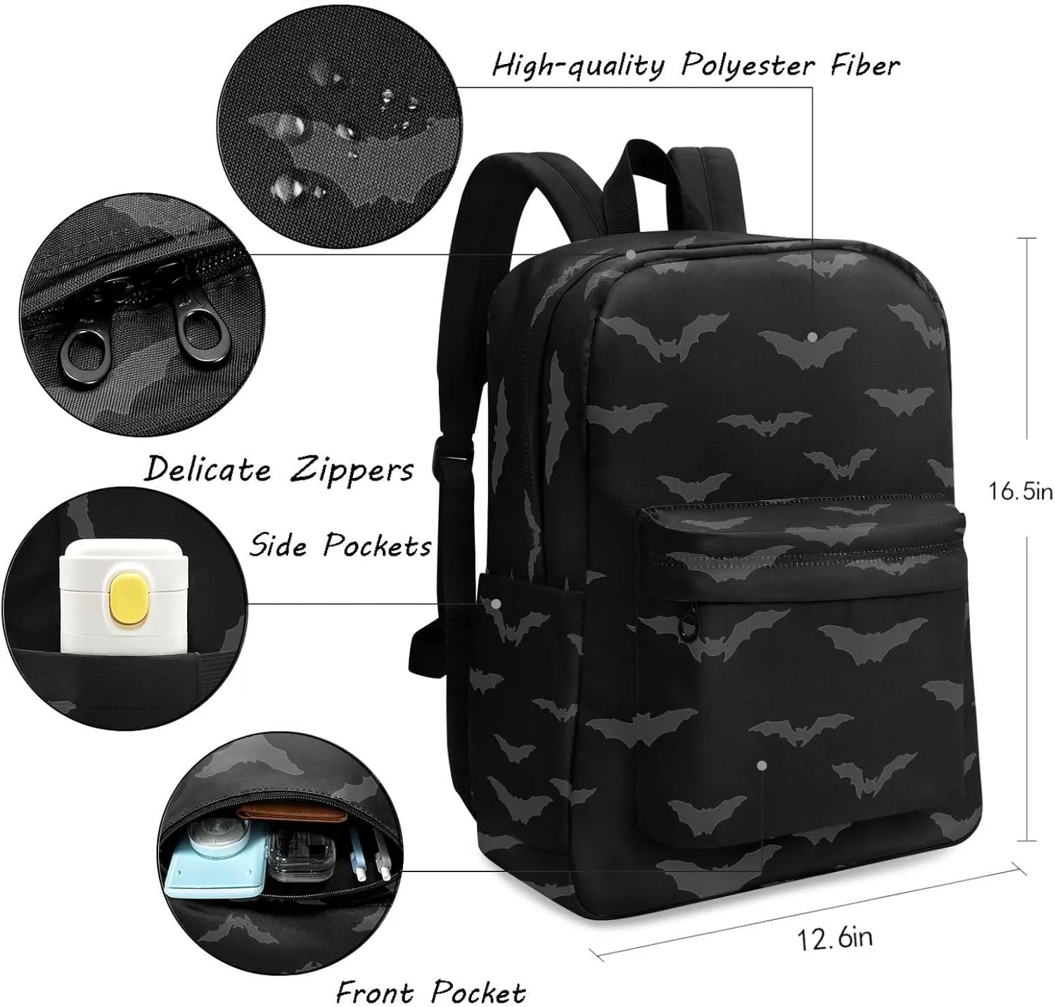 Halloween Dark Night Bats Large Canvas Backpack Durable Travel Shoulder Daypack for Unisex School Bookbag Beach Work Hiking Fit 16.5 Inch Notebook