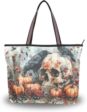 Halloween Skull Crow Tote Bag for Women Durable Designer Handbag with Zipper for Daily Use Travel L