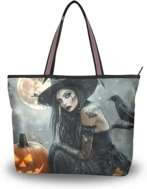 Halloween Witch Cool Crow Tote Bag for Women Durable Designer Handbag with Zipper for Daily Use Travel L