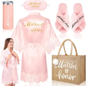 Handepo 5 Pcs Bridal Shower Robe Gifts Bride Gift Set with Sleeping Eye Mask Slippers for Wedding Party Bridesmaids(Matron of Honor)