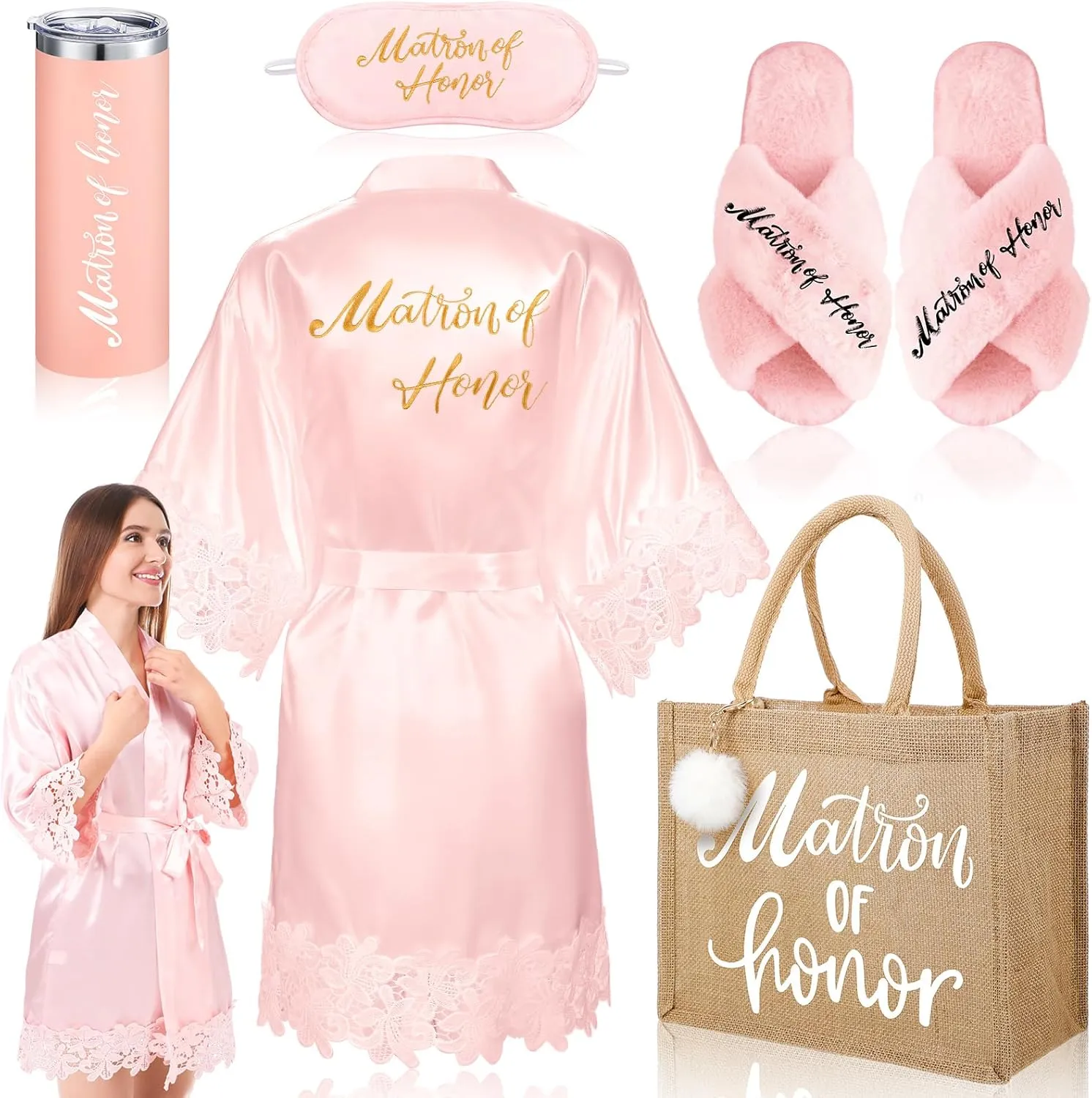 Handepo 5 Pcs Bridal Shower Robe Gifts Bride Gift Set with Sleeping Eye Mask Slippers for Wedding Party Bridesmaids(Matron of Honor)