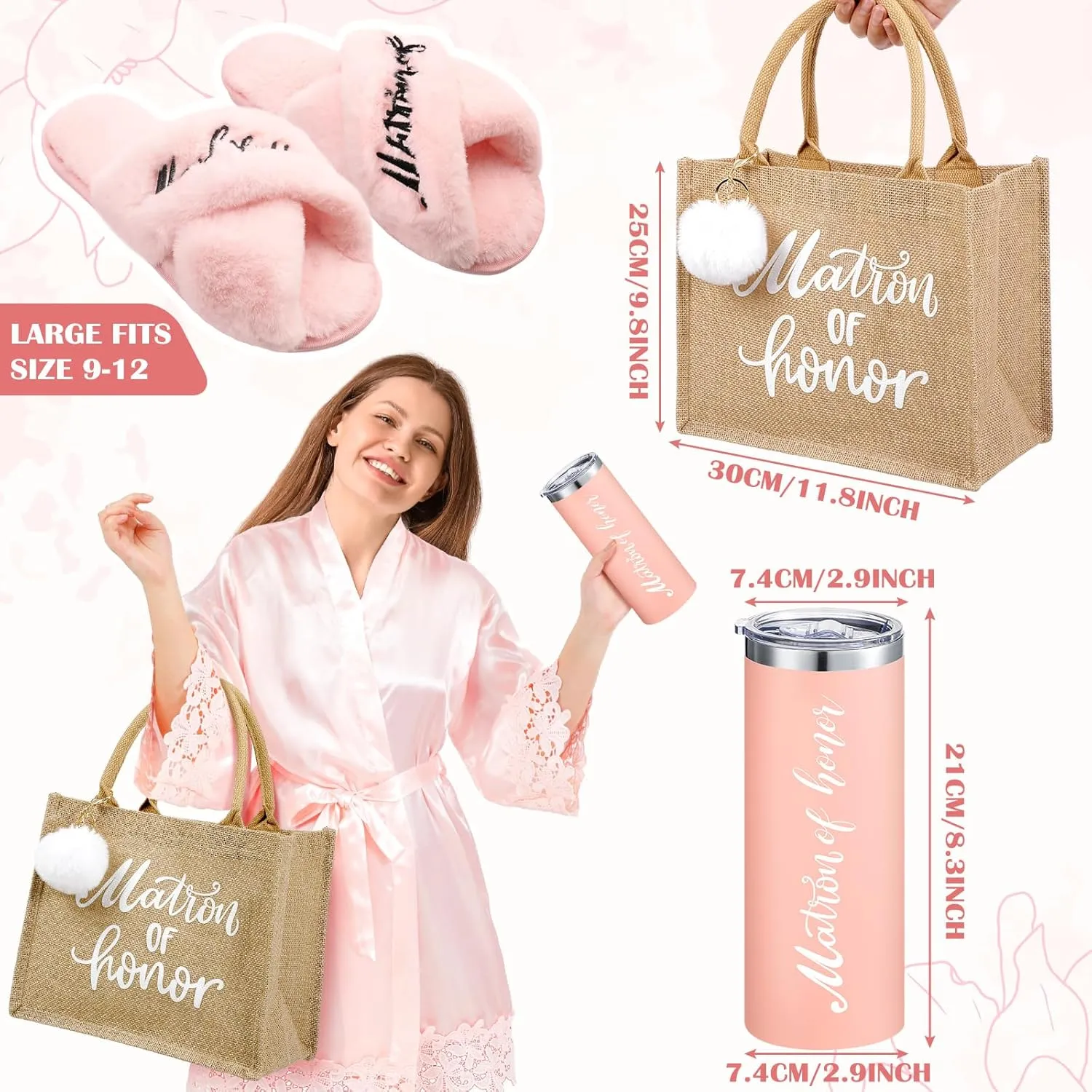 Handepo 5 Pcs Bridal Shower Robe Gifts Bride Gift Set with Sleeping Eye Mask Slippers for Wedding Party Bridesmaids(Matron of Honor)