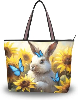 Hare Sunflower Cute Tote Bag for Women Durable Designer Handbag with Zipper for Daily Use L