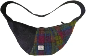 Harris Tweed Crescent Crossbody Bag for Women and Men, Tartan Wool & Denim Hobo Shoulder Bag, Vintage Travel Purse